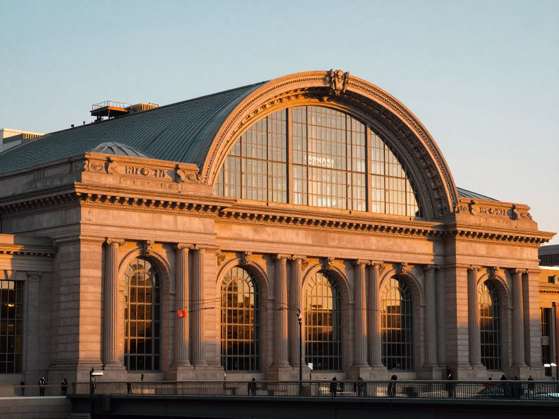 Sunset View of Nashville Union Station Glass Steel Arched Roof and Urban Trees in in Nashville, Tennessee, United States