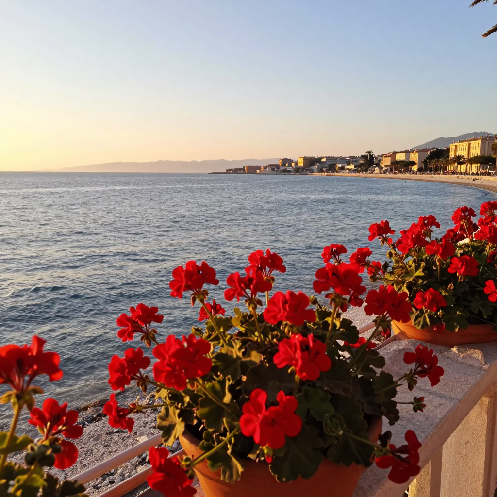 Sunset view of Nice France waterfront with geraniums and water tower in in Nice, France