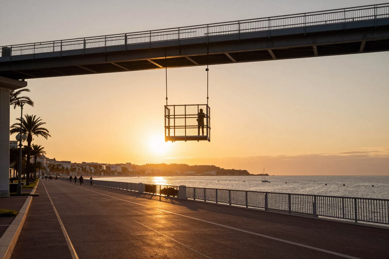 Sunset View of Nice Promenade with Bridge Maintenance Cage and Crayon Box in in Nice, France