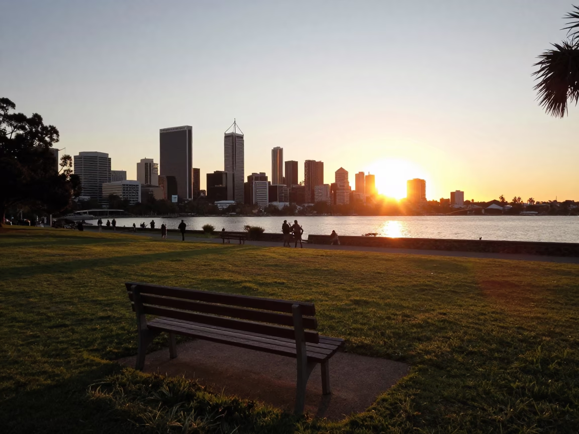 Sunset view of Perth city skyline and Swan River from Kings Park Western Australia in in Perth, Western Australia, Australia