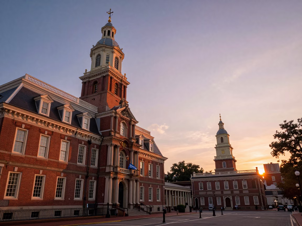 Sunset View of Philadelphia City Hall and Independence Hall with Historic Architecture in in Philadelphia, Pennsylvania, United States