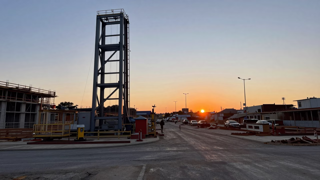 Sunset View of Philadelphia Construction Site with Elevator Gate and Rebar Bundles in in Philadelphia, Pennsylvania, United States