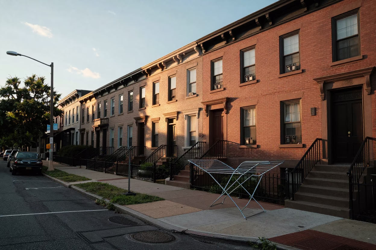 Sunset view of Philadelphia Pennsylvania street corner with drying rack and geraniums in in Philadelphia, Pennsylvania, United States