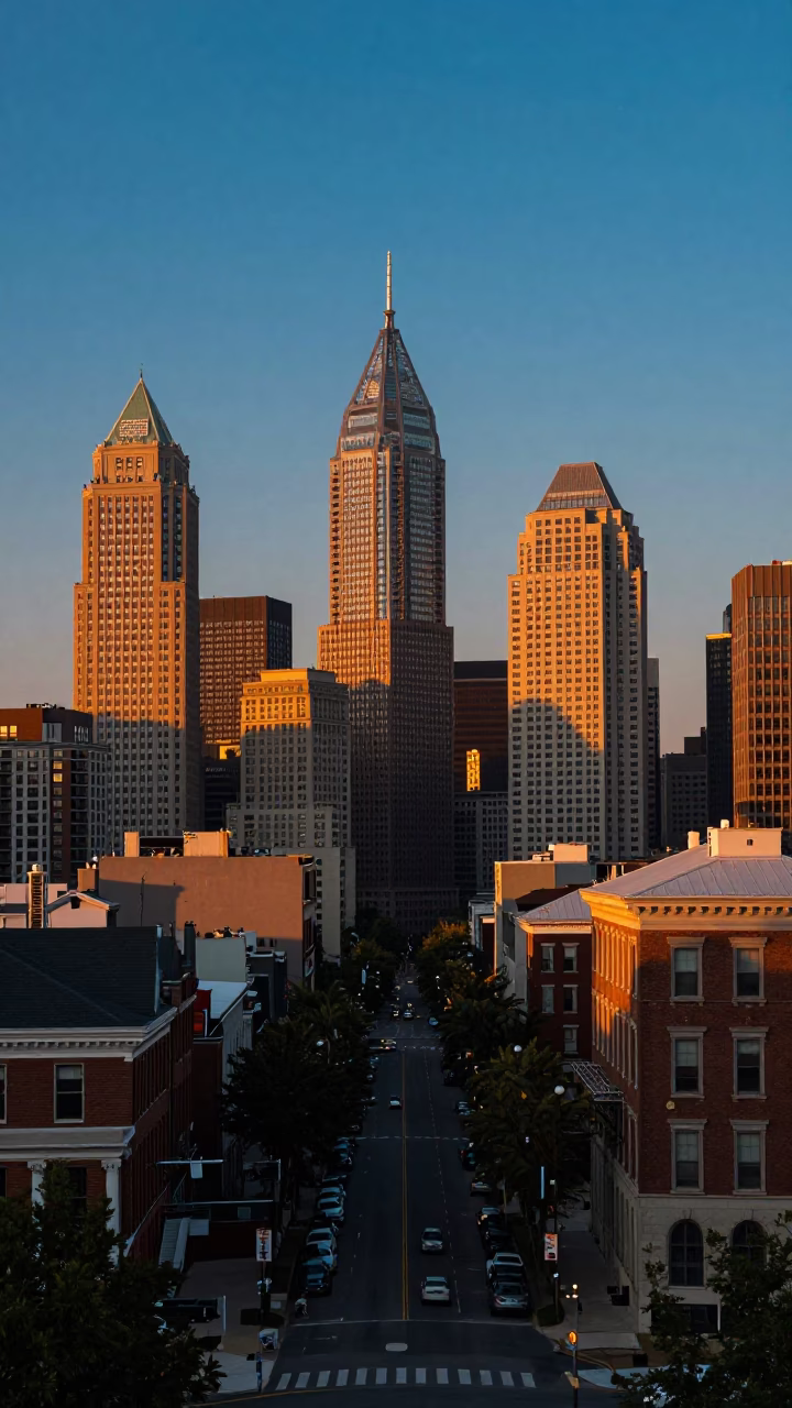Sunset View of Philadelphia Pennsylvania Urban Skyline and Street Scene in in Philadelphia, Pennsylvania, United States