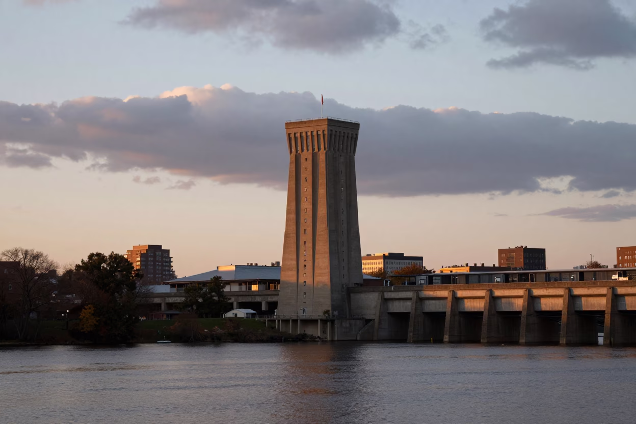 Sunset View of Philadelphia Reservoir Intake Tower Against Low Hanging Clouds in in Philadelphia, Pennsylvania, United States