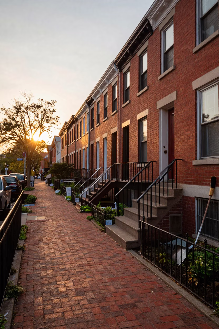 Sunset View of Philadelphia Row Houses and Garden Tools on Brick Sidewalk in in Philadelphia, Pennsylvania, United States