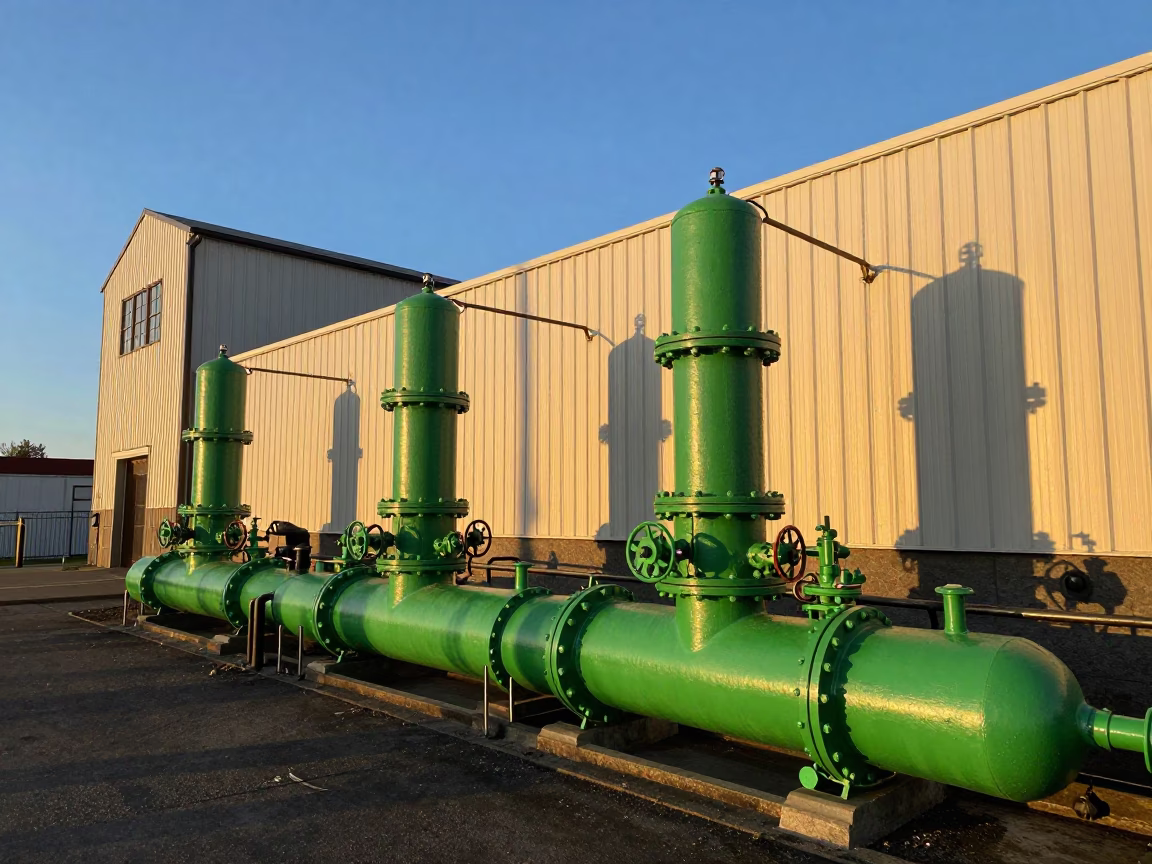 Sunset View of Portland Oregon Sewage Pumping Station Green Pumps Cobblestone Street in in Portland, Oregon, United States