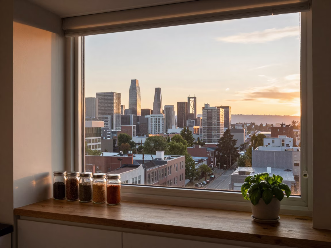 Sunset view of Portland Oregon skyline with Basil and Spice Jars on Kitchen Shelves in in Portland, Oregon, United States