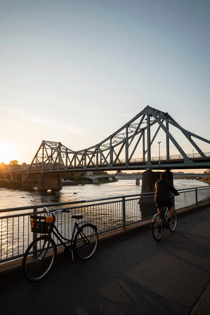 Sunset view of Portland Oregon steel bridge with bicycle basket and urban river traffic in in Portland, Oregon, United States