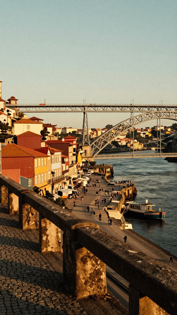 Sunset View of Porto Douro River Bridge and Traditional Vineyard Trellis Architecture in in Porto, Portugal