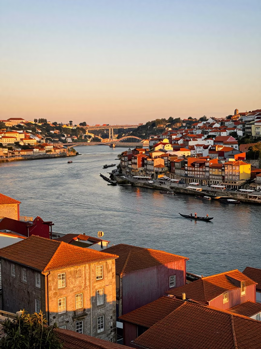 Sunset View of Porto Douro River with Traditional Rabelo Boats and Historic Stone Architecture in in Porto, Portugal