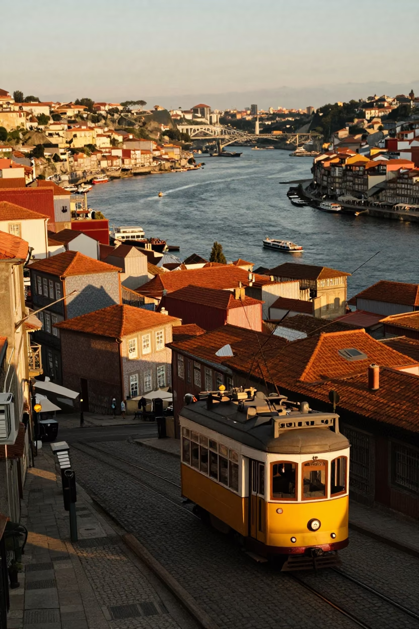 Sunset View of Porto Douro River with Tram and Historic Buildings in in Porto, Portugal