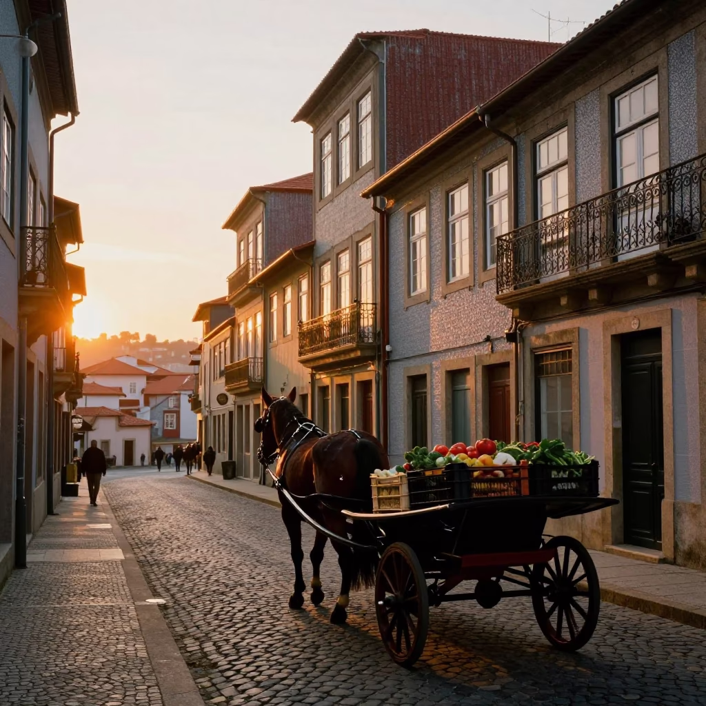 Sunset View of Porto Portugal Cobblestone Street with Horse Drawn Cart and Traditional Architecture in in Porto, Portugal