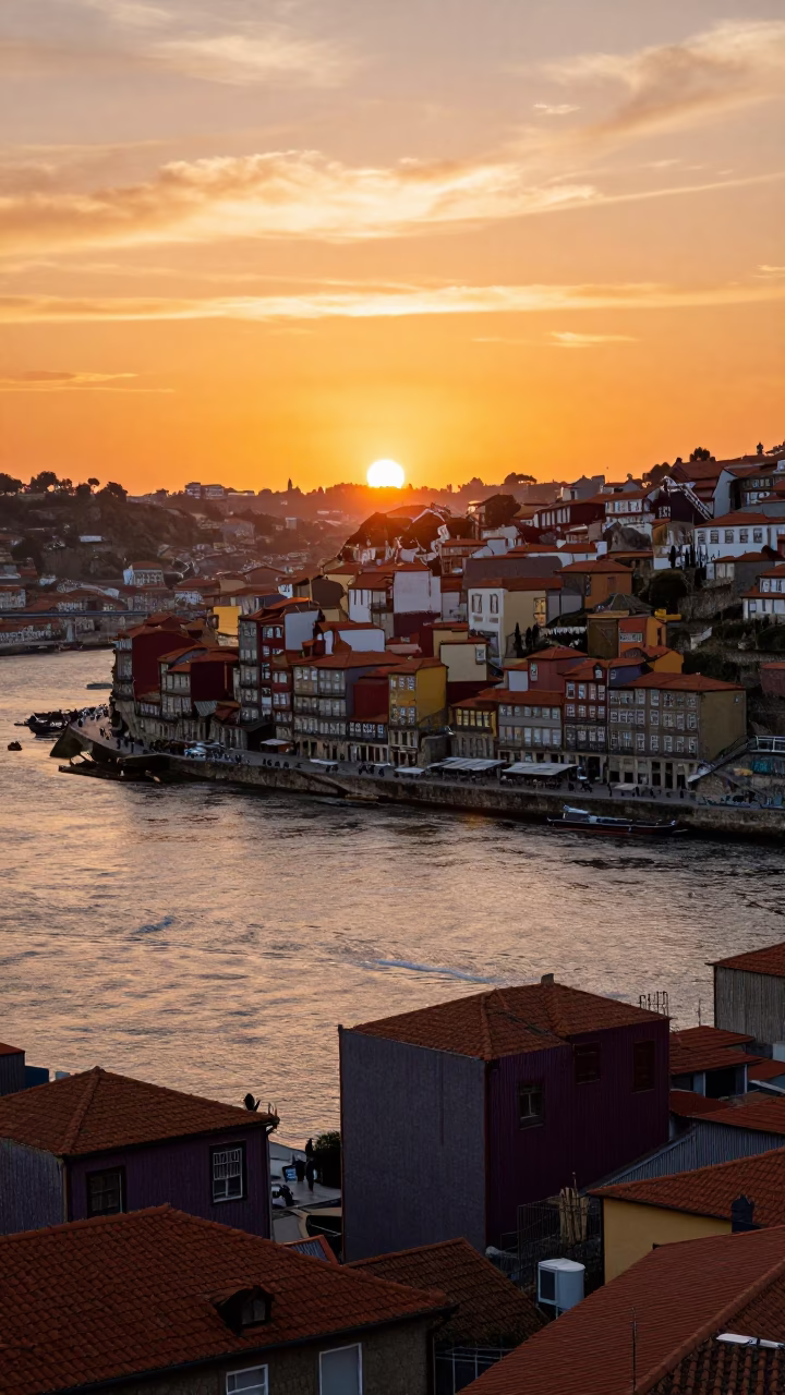 Sunset View of Porto Portugal Douro River and Ribeira District Stone Buildings in in Porto, Portugal