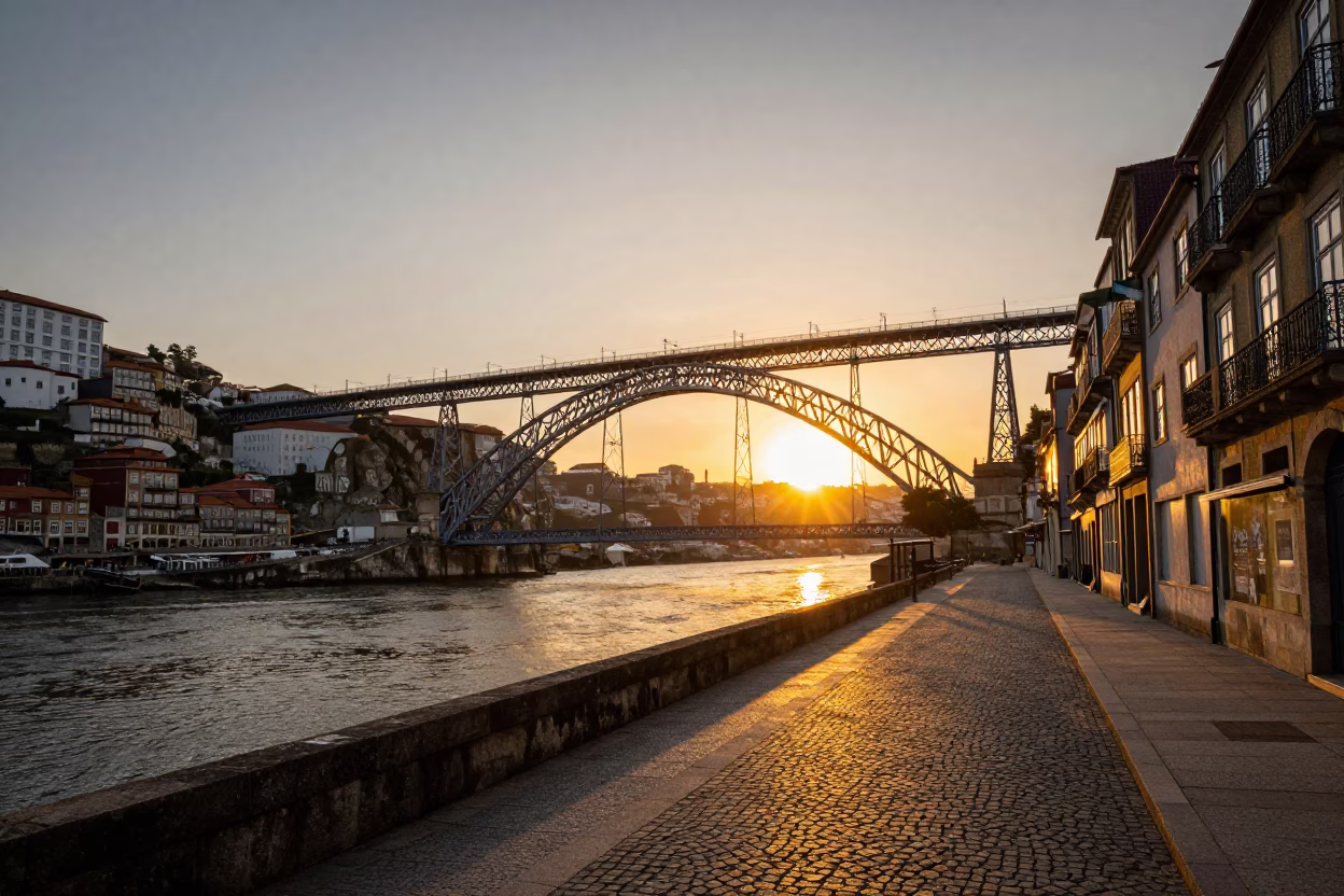 Sunset View of Porto Portugal Historic Bridge and Riverfront Street Life in in Porto, Portugal