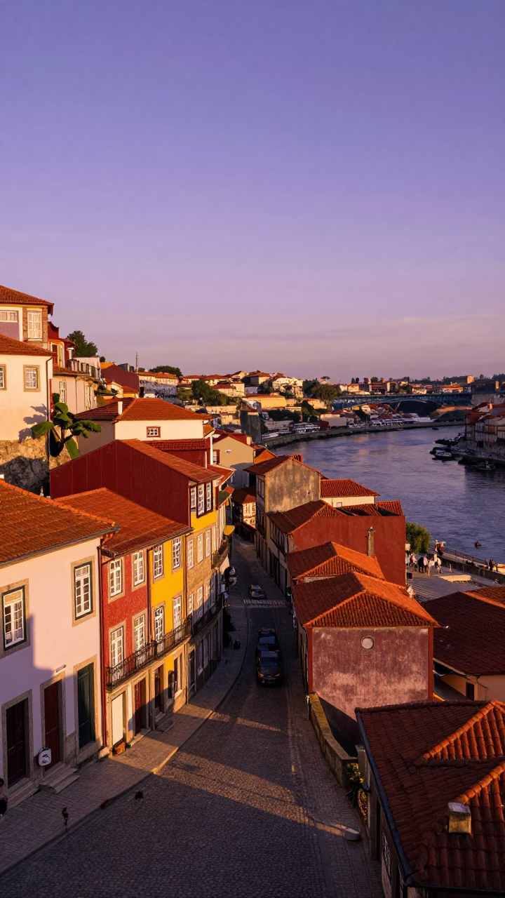 Sunset View of Porto Portugal Historic Ribeira District with Traditional River Boats in in Porto, Portugal