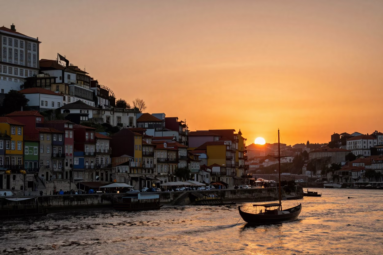 Sunset View of Porto Portugal Ribeira District with Traditional Rabelo Boats and Historic Architecture in in Porto, Portugal