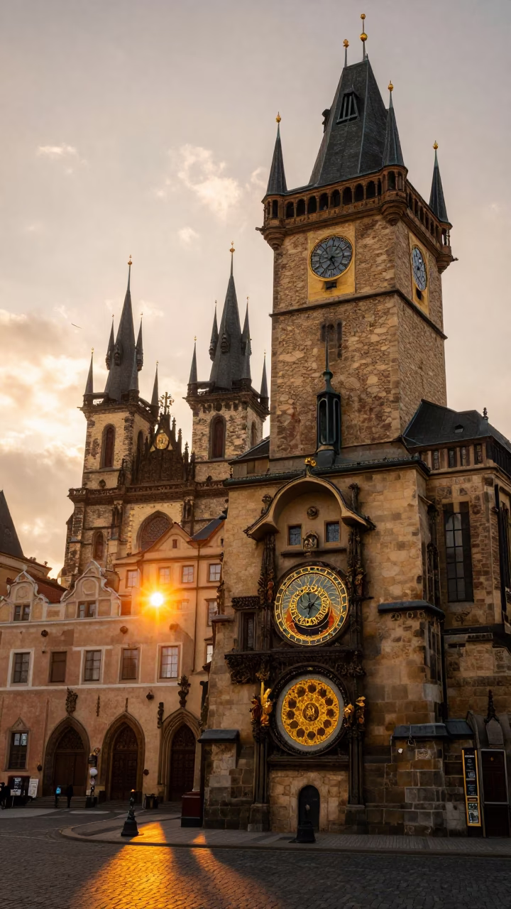 Sunset View of Prague Old Town Astronomical Clock Tower and Cobblestone Street in in Prague, Czech Republic