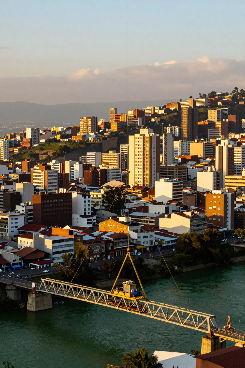 Sunset View of Quito Ecuador Cityscape with Bridge Maintenance Cradle Over Green River in in Quito, Ecuador