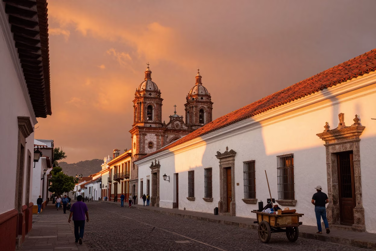 Sunset View of Quito Ecuador Colonial Architecture and Street Life in in Quito, Ecuador