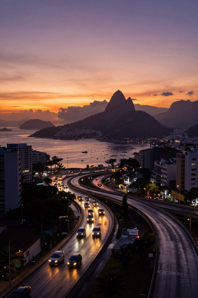 Sunset View of Rio de Janeiro Overpass with Glowing Taillights and Rain Reflections in in Rio de Janeiro, Brazil