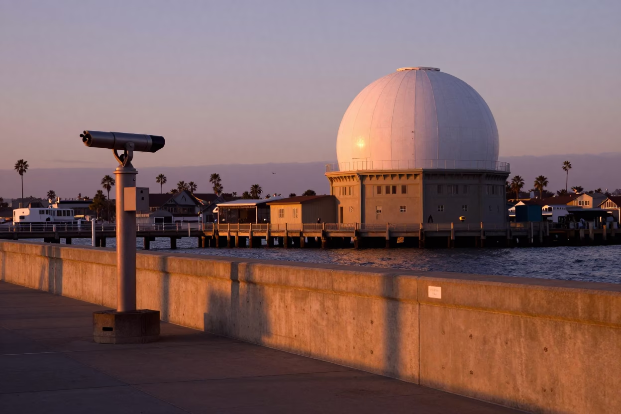 Sunset View of San Diego Harbor with Telescope Dome and Tall Ship Silhouettes in in San Diego, California, United States