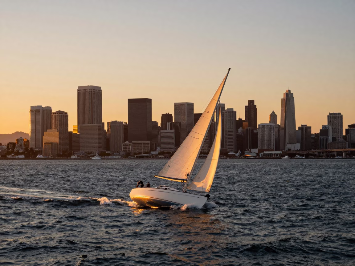 Sunset View of San Francisco Bay with Sailboat Heeling Over in Strong Wind in in San Francisco, California, United States