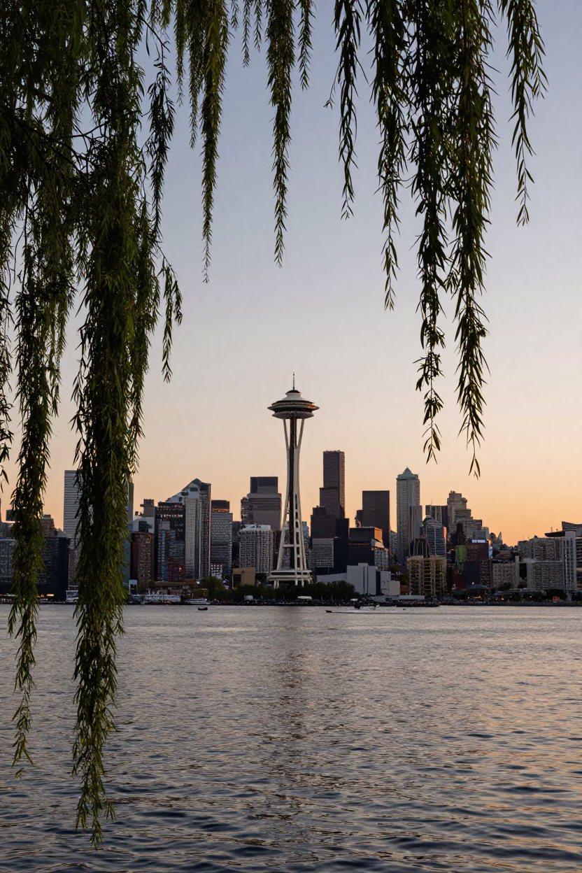 Sunset View of Seattle Skyline with Space Needle and Weeping Willow Over Water in in Seattle, Washington, United States