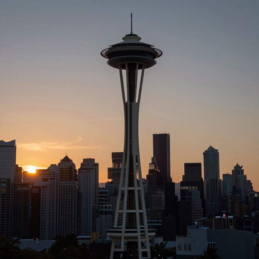Sunset View of Seattle Space Needle and Columbia Center from Kerry Park in in Seattle, Washington, United States