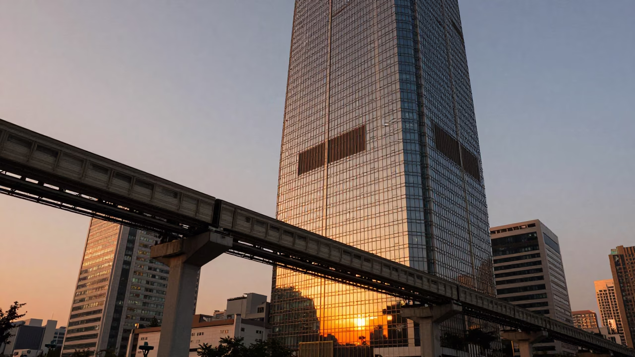 Sunset View of Seoul Monorail Reflection in Glass Skyscraper Facade in in Seoul, South Korea