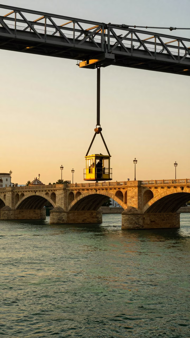 Sunset view of Seville Spain bridge maintenance cradle hanging above green Guadalquivir river water in in Seville, Spain