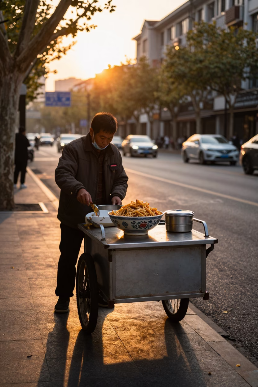 Sunset view of Shanghai street food stall with bowl of maafe and copper tray in in Shanghai, China