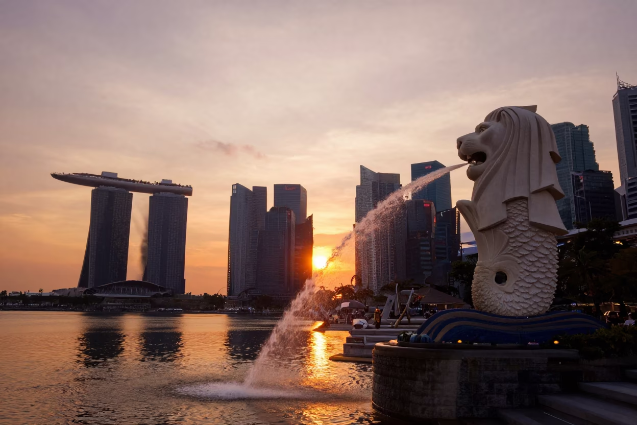 Sunset View of Singapore Marina Bay Sands Hotel and Merlion Park with City Skyline in in Singapore, Singapore