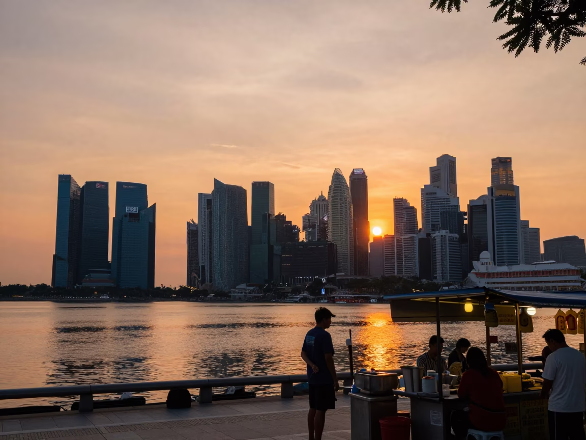 Sunset view of Singapore skyline and waterfront activity with local street details in in Singapore, Singapore