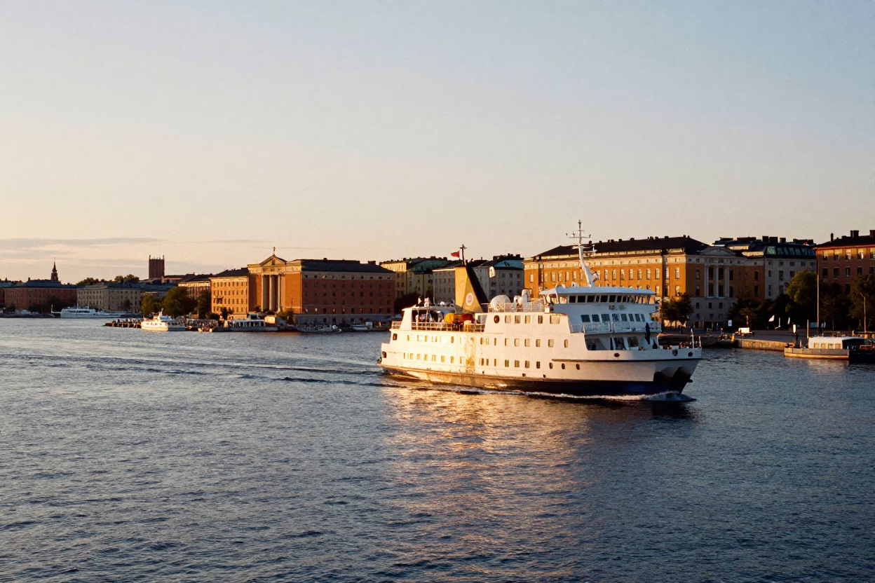 Sunset View of Stockholm Harbor with Ferry Departure and City Skyline in in Stockholm, Sweden