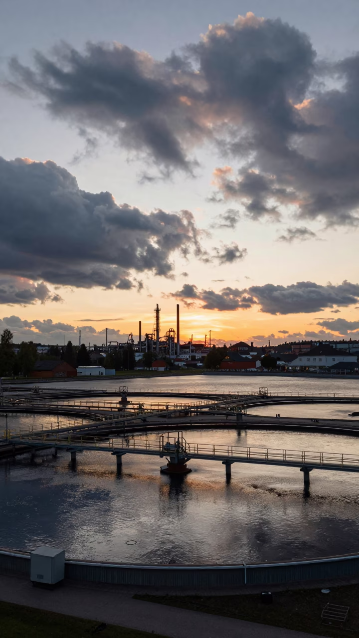 Sunset view of Stockholm industrial water treatment basin with clouds and urban skyline in in Stockholm, Sweden