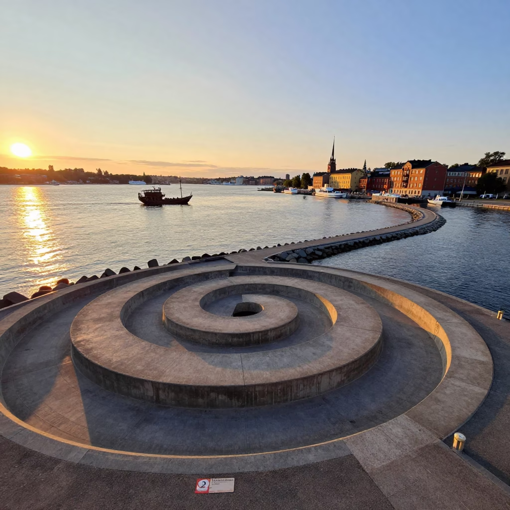 Sunset View of Stockholm Spiral Harbor Breakwater and Traditional Chinese Junk Boat in in Stockholm, Sweden