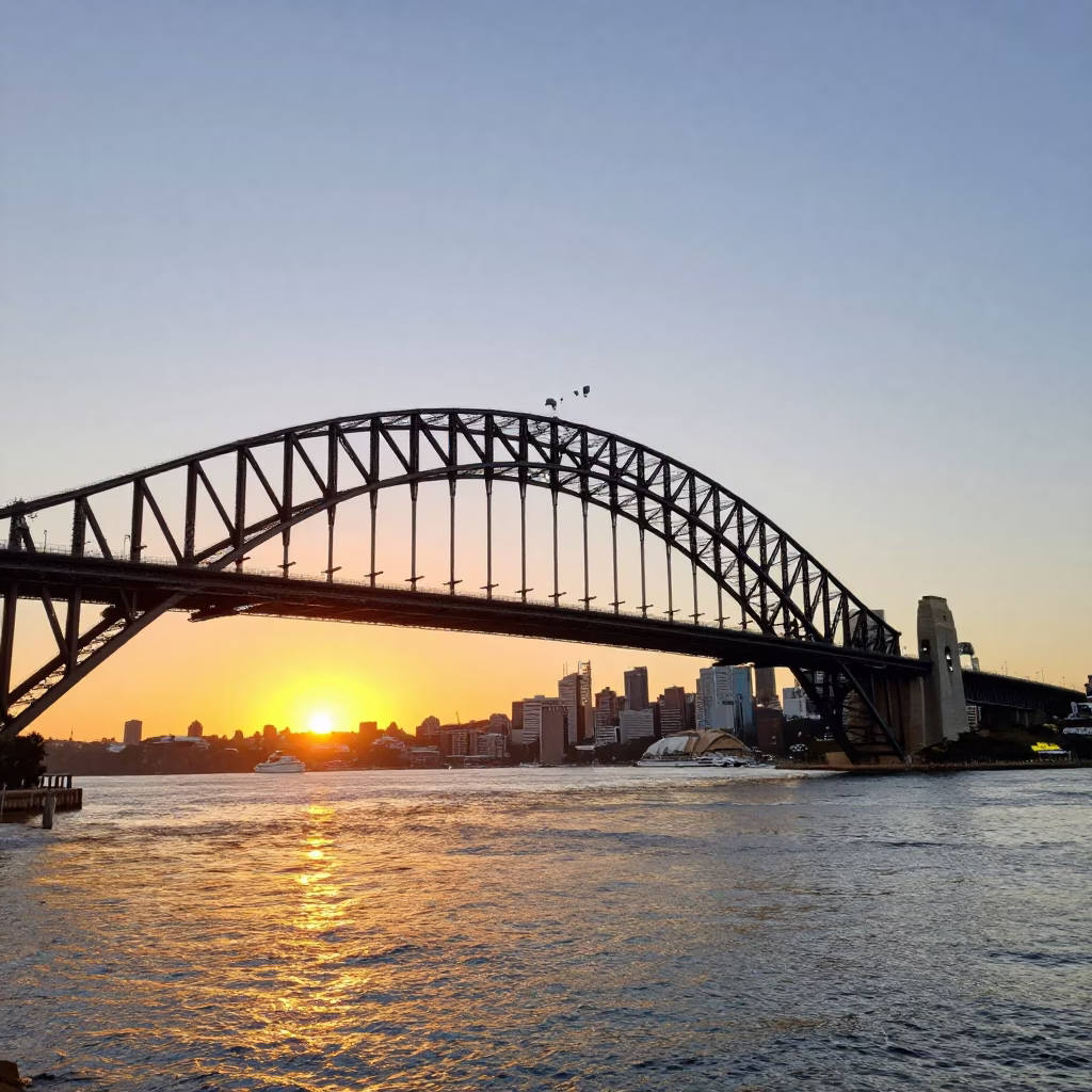 Sunset View of Sydney Harbour Bridge and Train Trestle Gorge Overlooking City in in Sydney, New South Wales, Australia