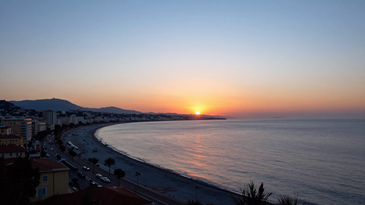Sunset View of the French Riviera Coastline and Port in Nice France in in Nice, France
