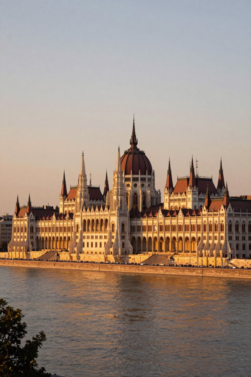 Sunset View of the Hungarian Parliament Building and Danube River in Budapest in in Budapest, Hungary