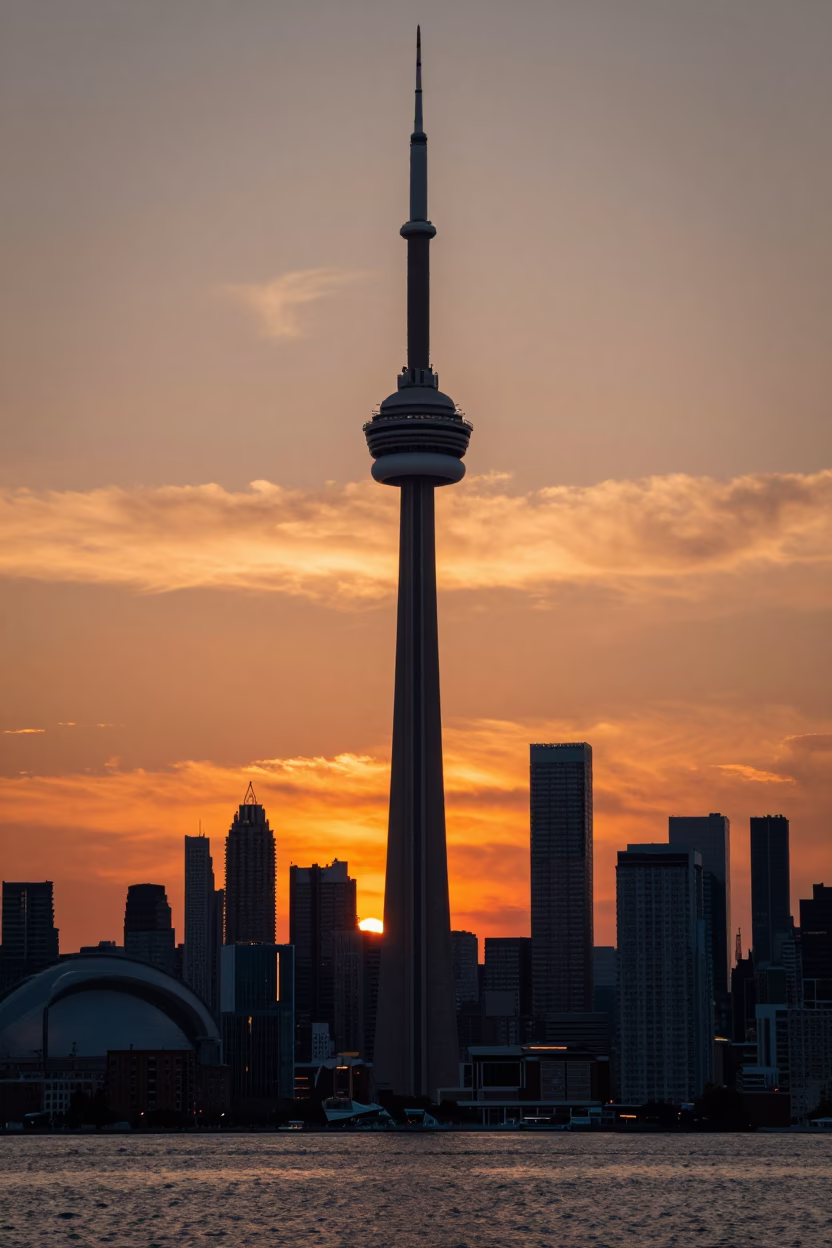 Sunset View of Toronto CN Tower and Distillery District Brick Architecture in in Toronto, Ontario, Canada