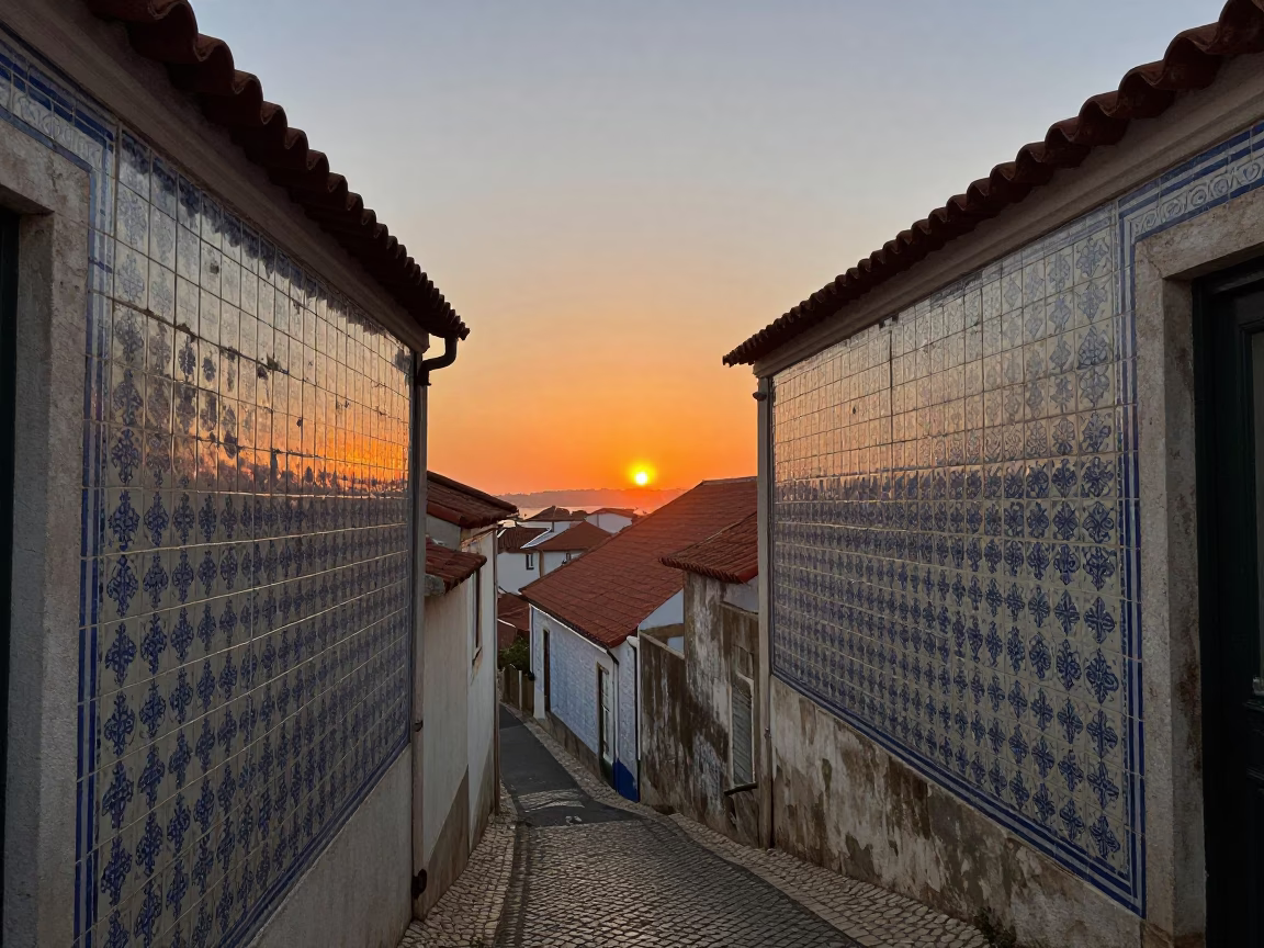 Sunset View of Traditional Azulejo Tiles and Vintage Majolica Plate in Lisbon Portugal in in Lisbon, Portugal