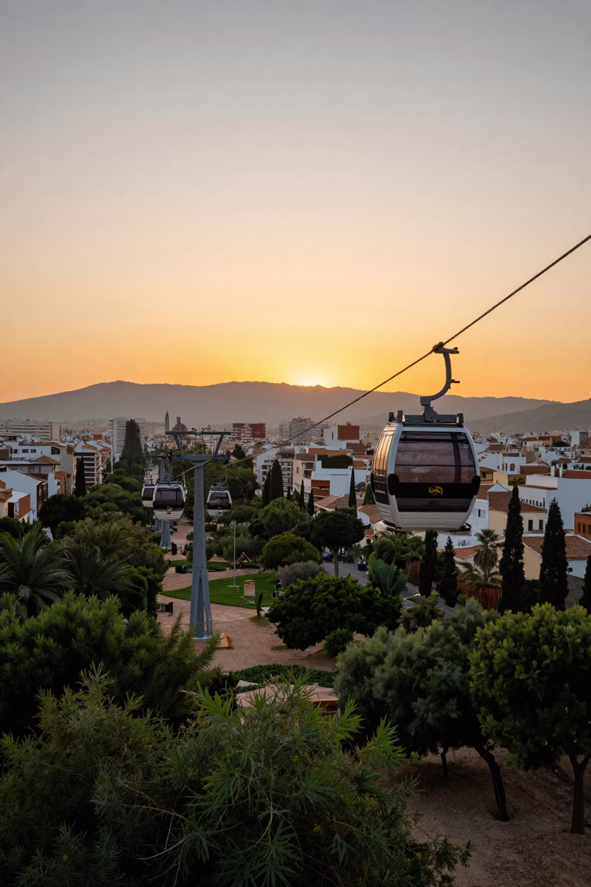 Sunset view of Valencia cable car over Turia Gardens and historic city skyline in in Valencia, Spain