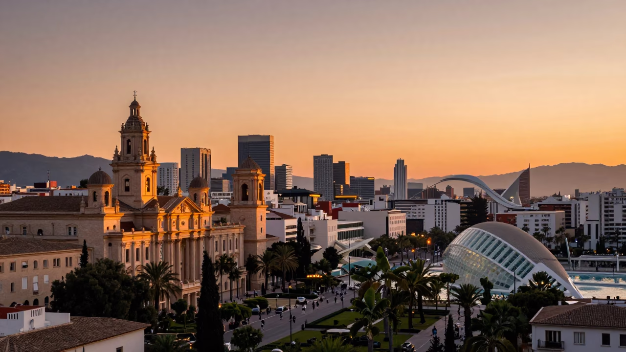 Sunset View of Valencia Cityscape with Historic Architecture and Skyline in in Valencia, Spain