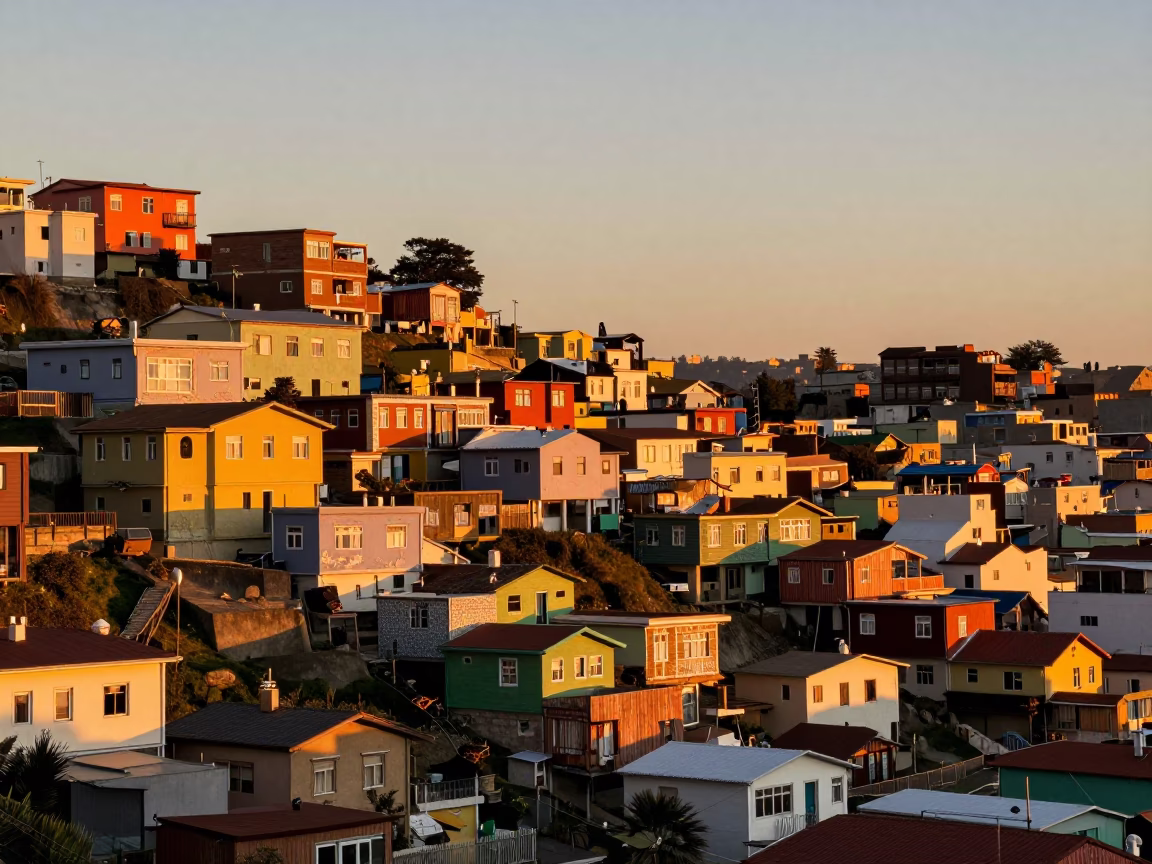 Sunset View of Valparaiso Chile Colorful Hillside Houses and Historic Aerial Tramway in in Valparaiso, Chile
