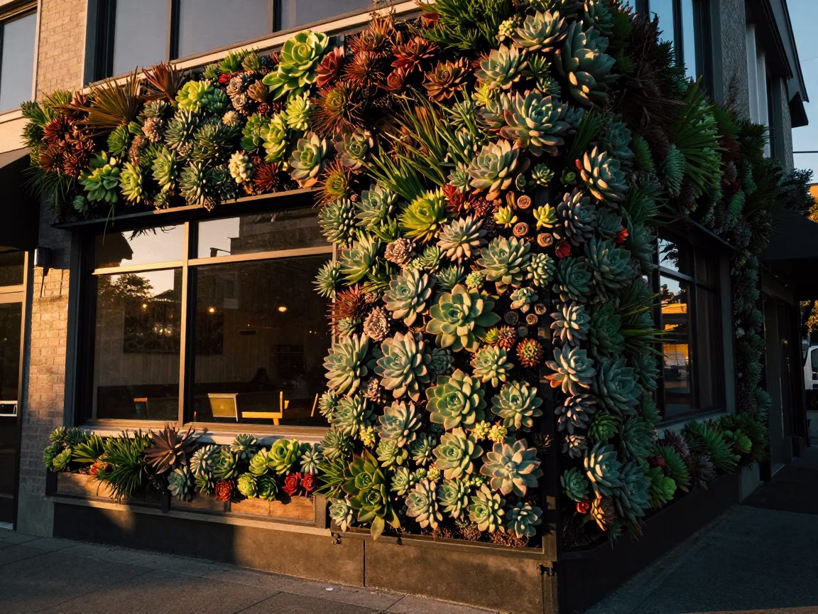 Sunset view of Vancouver BC living wall succulents cafe exterior street scene in in Vancouver, British Columbia, Canada