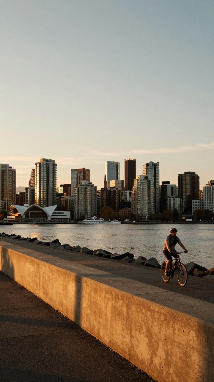 Sunset View of Vancouver Downtown Skyline and Harbor from Stanley Park Seawall Path in in Vancouver, British Columbia, Canada