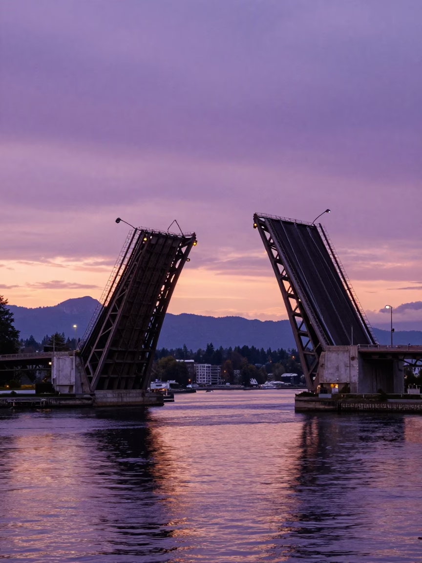 Sunset View of Vancouver Granville Street Bridge Drawbridge Raising for Tall Ship Maritime Activity in in Vancouver, British Columbia, Canada