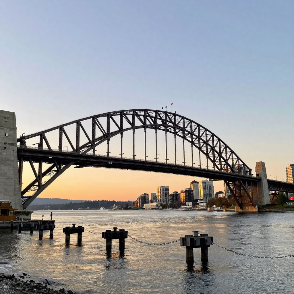 Sunset View of Vancouver Harbour Bridge Piers in Still Water with Window Boxes in in Vancouver, British Columbia, Canada