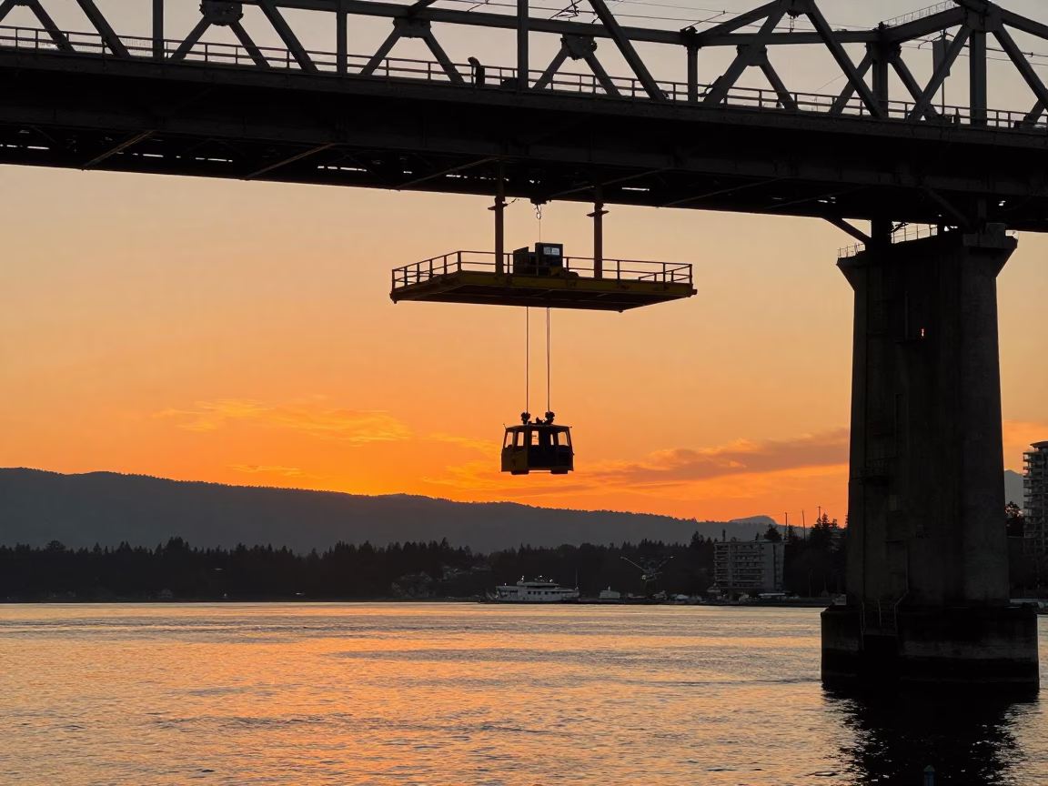 Sunset view of Vancouver waterfront with bridge maintenance cradle and city skyline in in Vancouver, British Columbia, Canada